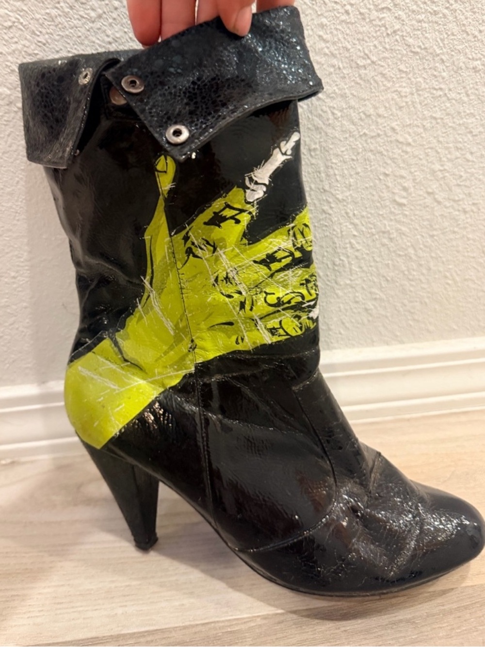 Dolls Kill Black Patent Mid-Calf Heeled Boot with Lime Graphic